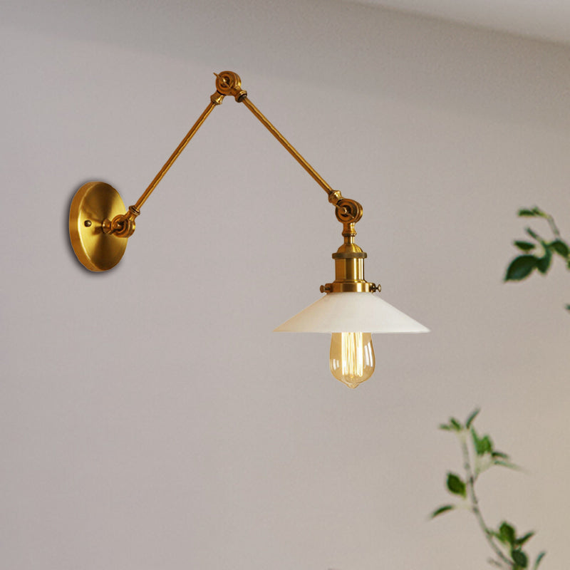 1 Light Saucer Shade Sconce Light Fixture Industrial Brass/Bronze Frosted Glass Wall Lamp with Swing Arm Clearhalo 'Art deco wall lights' 'Cast Iron' 'Glass' 'Industrial wall lights' 'Industrial' 'Middle century wall lights' 'Modern' 'Rustic wall lights' 'Tiffany' 'Traditional wall lights' 'Wall Lamps & Sconces' 'Wall Lights' Lighting' 468394