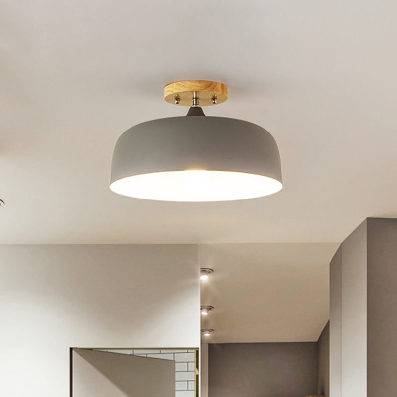 1 Light Gray/White/Pink/Green Ceiling Flush Mount Light with Drum Metal Lampshade Simple Semi-Flushmount Lamp Clearhalo 'Ceiling Lights' 'Close To Ceiling Lights' 'Close to ceiling' 'Semi-flushmount' Lighting' 468578