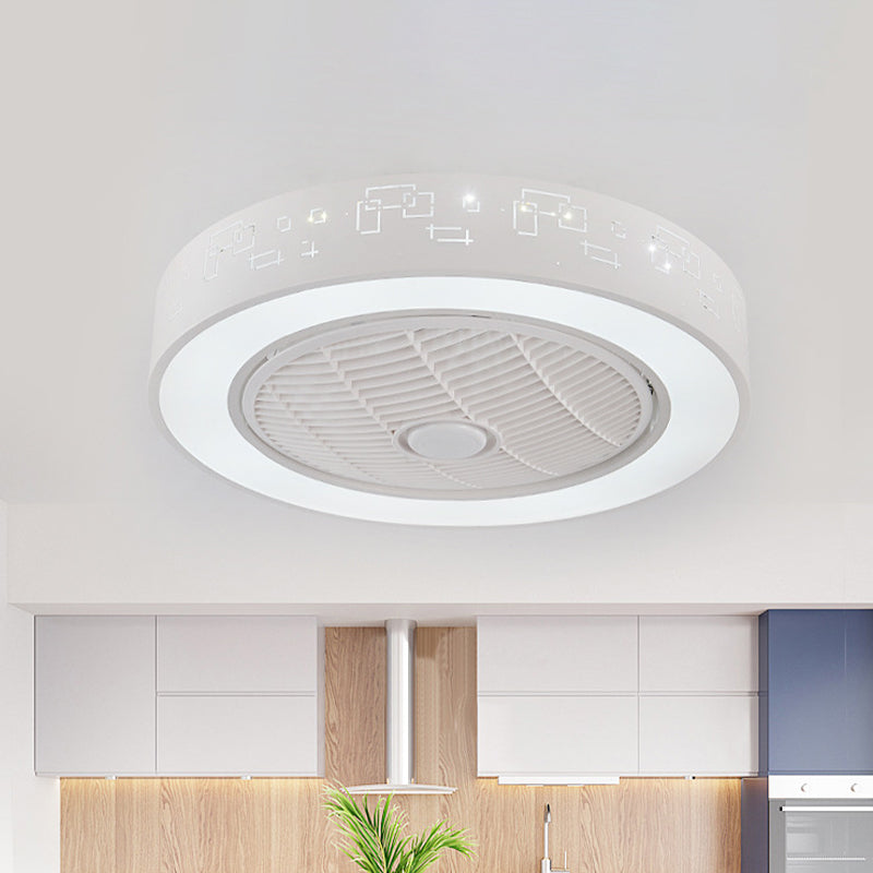 8" Tall Drum Living Room Fan Light Contemporary Metal LED White 3 Blades Semi Flush Mount Lighting Fixture White A Clearhalo 'Ceiling Fans with Lights' 'Ceiling Fans' 'Modern Ceiling Fans' 'Modern' Lighting' 468604
