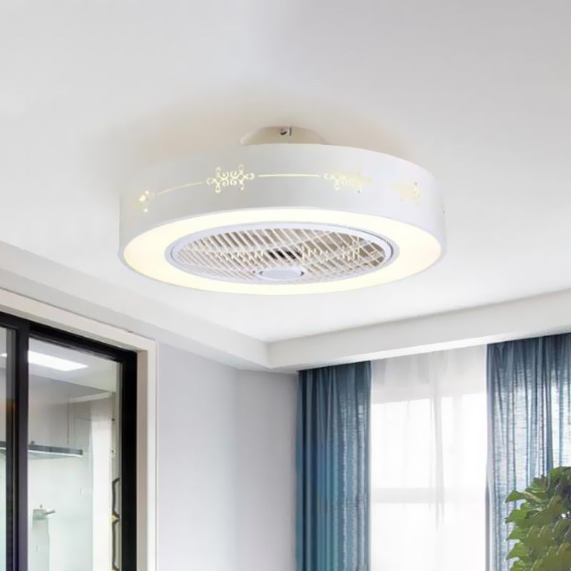 8" Tall Drum Living Room Fan Light Contemporary Metal LED White 3 Blades Semi Flush Mount Lighting Fixture Clearhalo 'Ceiling Fans with Lights' 'Ceiling Fans' 'Modern Ceiling Fans' 'Modern' Lighting' 468618