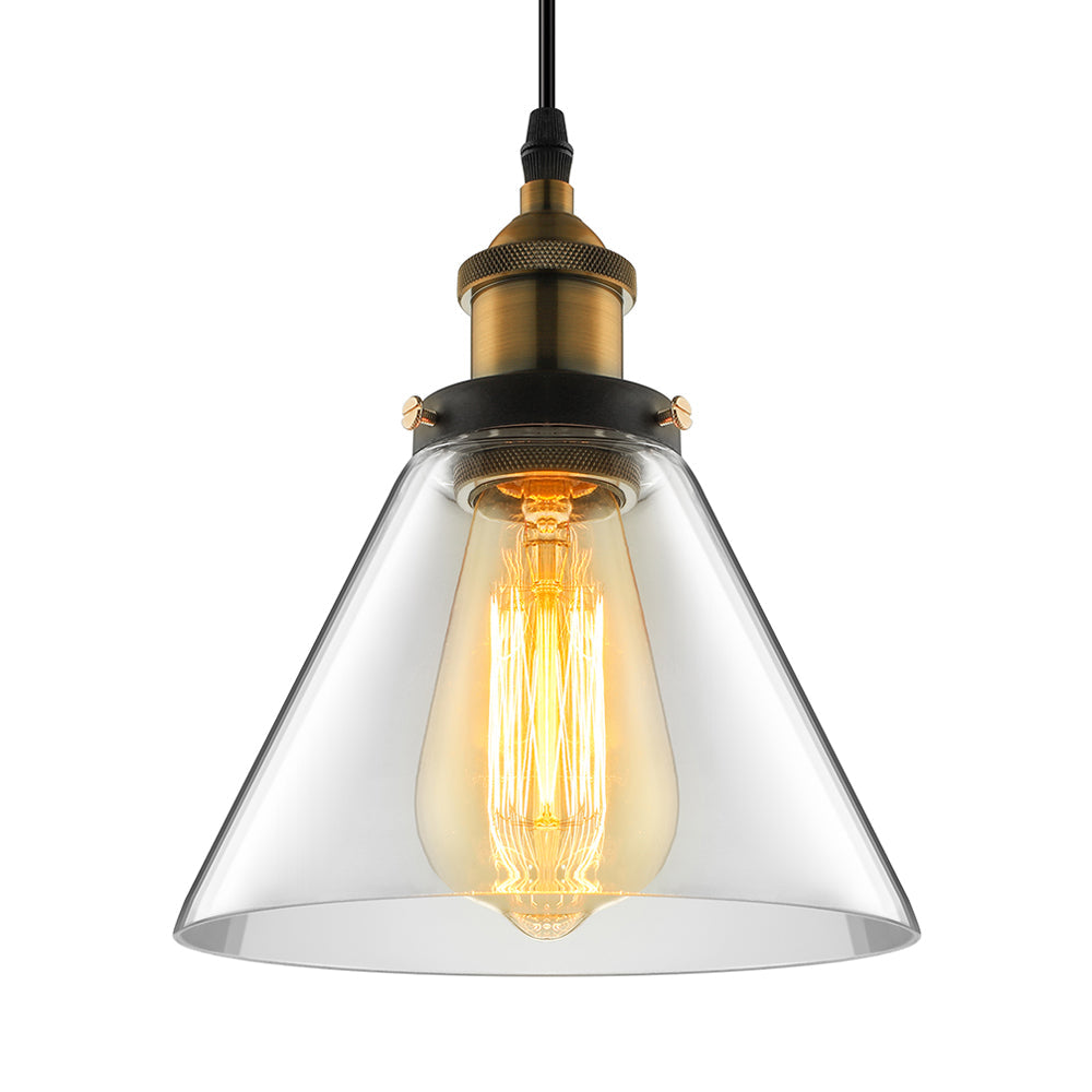 5.5"/7" Wide Cone Pendant Light Industrial 1 Light Grey/Brown/Clear Glass Hanging Lamp in Bronze Clear 7" Clearhalo 'Ceiling Lights' 'Glass shade' 'Glass' 'Industrial Pendants' 'Industrial' 'Middle Century Pendants' 'Pendant Lights' 'Pendants' 'Tiffany' Lighting' 4706