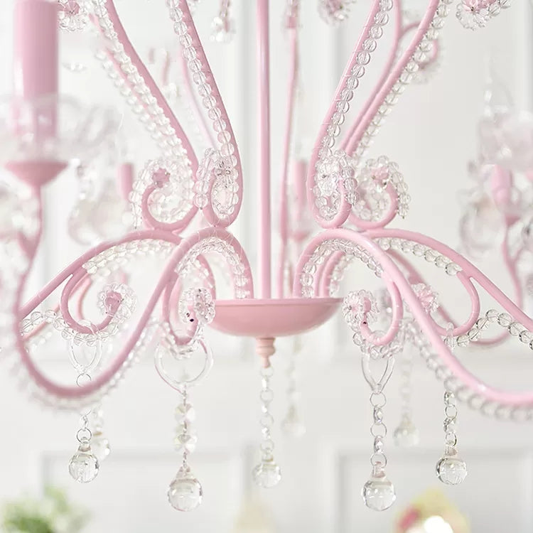 Candle Restaurant Hanging Light with Crystal Bead Metal Modern Chandelier in Pink Finish Clearhalo 'Ceiling Lights' 'Chandeliers' Lighting' options 48600