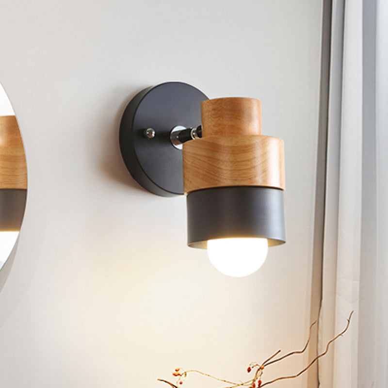 1 Light Rotatable Wall Sconce Lighting Modern Cylinder Metal and Wood Wall Mount Light in Black/white Clearhalo 'Art deco wall lights' 'Cast Iron' 'Glass' 'Industrial wall lights' 'Industrial' 'Middle century wall lights' 'Modern' 'Rustic wall lights' 'Tiffany' 'Traditional wall lights' 'Wall Lamps & Sconces' 'Wall Lights' Lighting' 493470