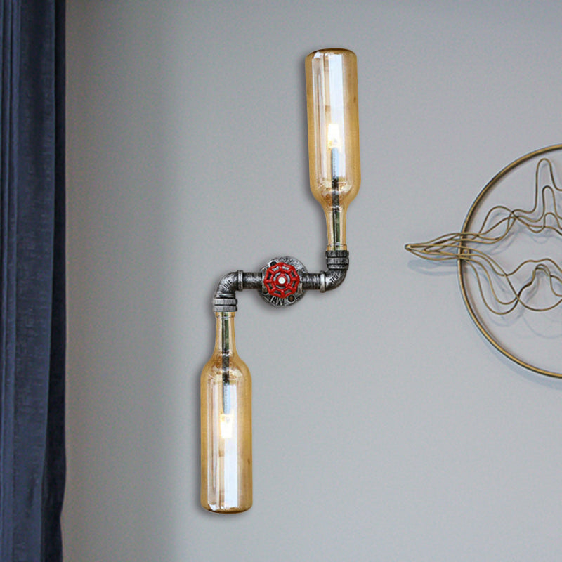 Glass Gray/Blue Wall Sconce Light Wine Bottle 2 Lights Industrial Style Wall Mount Light for Living Room Clearhalo 'Cast Iron' 'Glass' 'Industrial wall lights' 'Industrial' 'Middle century wall lights' 'Modern' 'Tiffany' 'Traditional wall lights' 'Wall Lamps & Sconces' 'Wall Lights' Lighting' 493845