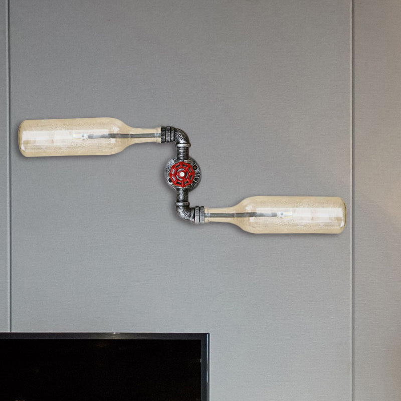 Glass Gray/Blue Wall Sconce Light Wine Bottle 2 Lights Industrial Style Wall Mount Light for Living Room Clearhalo 'Cast Iron' 'Glass' 'Industrial wall lights' 'Industrial' 'Middle century wall lights' 'Modern' 'Tiffany' 'Traditional wall lights' 'Wall Lamps & Sconces' 'Wall Lights' Lighting' 493846