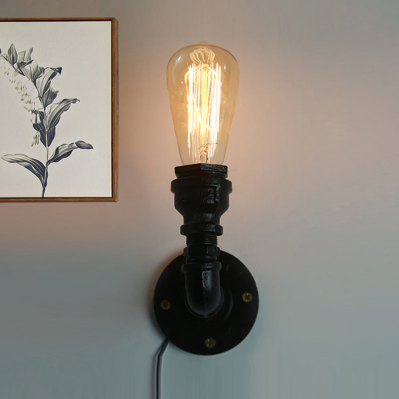 Water Pipe Metallic Wall Lighting with Bare Bulb Industrial 1 Light Living Room Mini Wall Mount Light in Black/Copper Black Clearhalo 'Art deco wall lights' 'Cast Iron' 'Glass' 'Industrial wall lights' 'Industrial' 'Middle century wall lights' 'Modern' 'Rustic wall lights' 'Tiffany' 'Traditional wall lights' 'Wall Lamps & Sconces' 'Wall Lights' Lighting' 493871