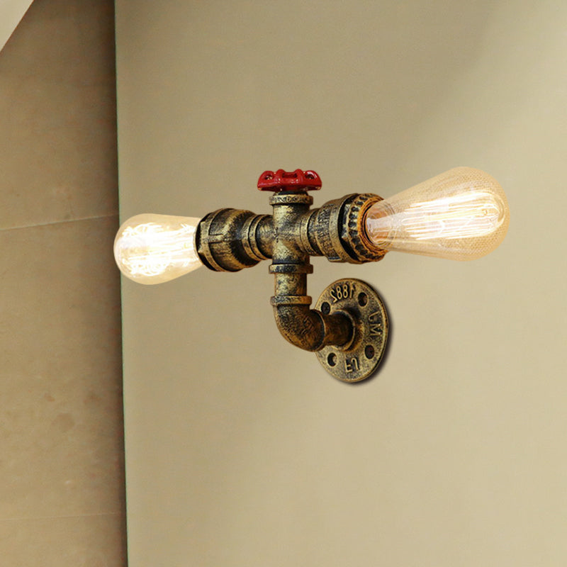 Bronze/Antique Brass 2 Heads Wall Light Fixture Warehouse Style Wrought Iron Bare Bulb Sconce Lamp with Pipe and Valve Clearhalo 'Art deco wall lights' 'Cast Iron' 'Glass' 'Industrial wall lights' 'Industrial' 'Middle century wall lights' 'Modern' 'Rustic wall lights' 'Tiffany' 'Traditional wall lights' 'Wall Lamps & Sconces' 'Wall Lights' Lighting' 493875
