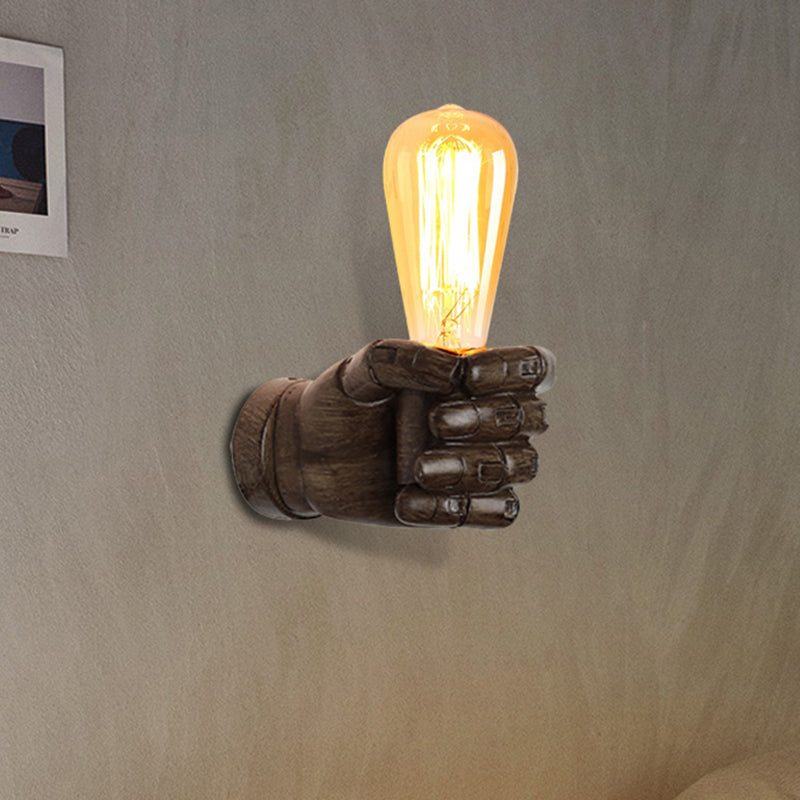 Black/White Bare Bulb Sconce Light with Hand Shape Base Vintage Style Wood 1 Light Restaurant Wall Lamp Brown Left Clearhalo 'Industrial wall lights' 'Industrial' 'Middle century wall lights' 'Rustic wall lights' 'Tiffany' 'Wall Lamps & Sconces' 'Wall Lights' Lighting' 493880