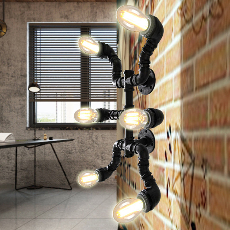 6 Bulbs Wrought Iron Ceiling Lighting Antique Stylish Black/Weathered Copper Water Pipe Indoor Semi Flush Mount Light Black Clearhalo 'Ceiling Lights' 'Close To Ceiling Lights' 'Close to ceiling' 'Semi-flushmount' Lighting' 493884