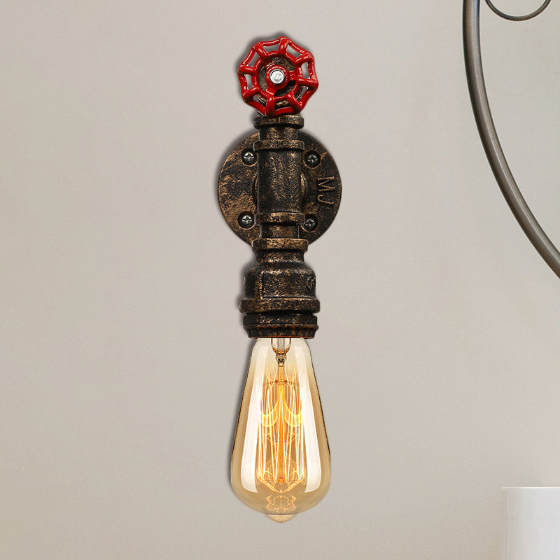 Metallic Bronze Wall Sconce Light Water Pipe 1 Light Farmhouse Wall Lighting with Red Valve Clearhalo 'Art deco wall lights' 'Cast Iron' 'Glass' 'Industrial wall lights' 'Industrial' 'Middle century wall lights' 'Modern' 'Rustic wall lights' 'Tiffany' 'Traditional wall lights' 'Wall Lamps & Sconces' 'Wall Lights' Lighting' 493886