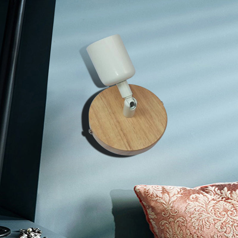 Simple Style Round Backplate Wall Sconce 1 Head Wood and Metal Wall Fixture in White for Bedside Clearhalo 'Industrial wall lights' 'Industrial' 'Middle century wall lights' 'Rustic wall lights' 'Tiffany' 'Wall Lamps & Sconces' 'Wall Lights' Lighting' 493967