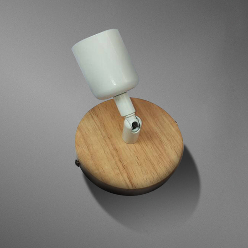 Simple Style Round Backplate Wall Sconce 1 Head Wood and Metal Wall Fixture in White for Bedside Clearhalo 'Industrial wall lights' 'Industrial' 'Middle century wall lights' 'Rustic wall lights' 'Tiffany' 'Wall Lamps & Sconces' 'Wall Lights' Lighting' 493968