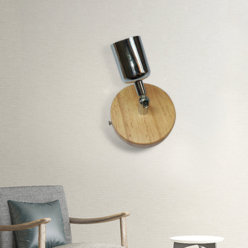 Cup Shaped Metal Wall Lamp Lodge 1 Light Living Room Wall Mount Fixture with Circular Wooden Backplate in Silver/Gold Clearhalo 'Industrial wall lights' 'Industrial' 'Middle century wall lights' 'Rustic wall lights' 'Tiffany' 'Wall Lamps & Sconces' 'Wall Lights' Lighting' 493984