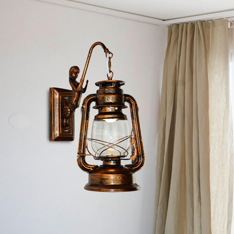 Antique Bronze Kerosene Wall Lighting Industrial Clear Glass 1 Light Living Room Sconce Light Fixture, 13"/14"/16" Clearhalo 'Art deco wall lights' 'Cast Iron' 'Glass' 'Industrial wall lights' 'Industrial' 'Middle century wall lights' 'Modern' 'Rustic wall lights' 'Tiffany' 'Traditional wall lights' 'Wall Lamps & Sconces' 'Wall Lights' Lighting' 494061