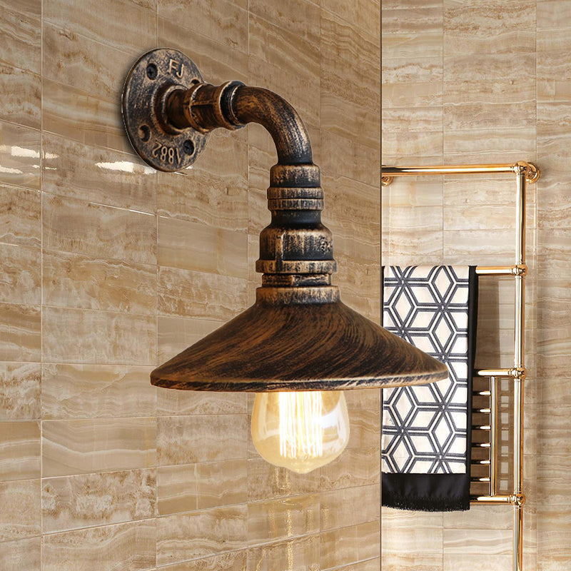 Metal Antique Brass/Black Wall Sconce Light Conic Shade 1 Light Steampunk Wall Lighting with Curved Pipe Clearhalo 'Art deco wall lights' 'Cast Iron' 'Glass' 'Industrial wall lights' 'Industrial' 'Middle century wall lights' 'Modern' 'Rustic wall lights' 'Tiffany' 'Traditional wall lights' 'Wall Lamps & Sconces' 'Wall Lights' Lighting' 494064