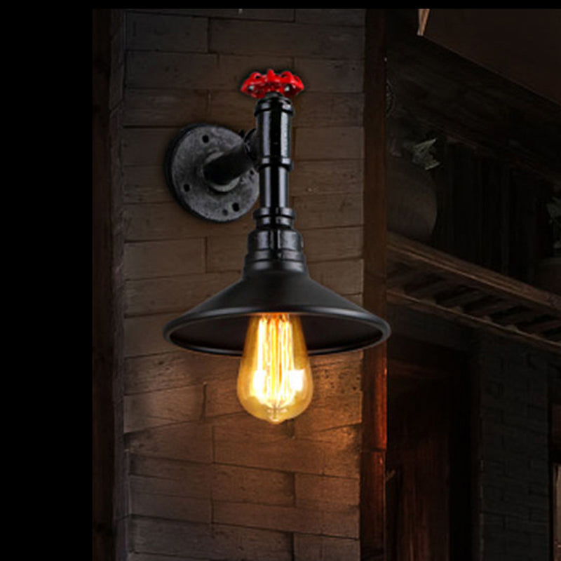 1 Head Metal Wall Mount Light Vintage Industrial Black Conic Shade Dining Room Wall Lighting with Plumbing Pipe Clearhalo 'Art deco wall lights' 'Cast Iron' 'Glass' 'Industrial wall lights' 'Industrial' 'Middle century wall lights' 'Modern' 'Rustic wall lights' 'Tiffany' 'Traditional wall lights' 'Wall Lamps & Sconces' 'Wall Lights' Lighting' 494065
