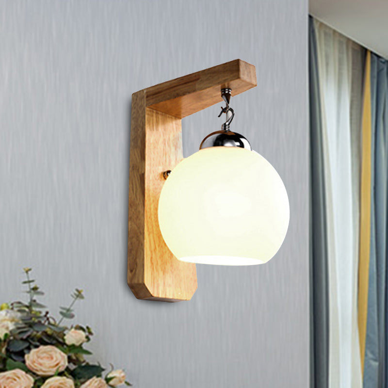 Modern Globe Hanging Wall Light Opal Glass 1 Bulb White Sconce Light with Wood Base for Bedroom Clearhalo 'Modern wall lights' 'Modern' 'Wall Lamps & Sconces' 'Wall Lights' Lighting' 494172