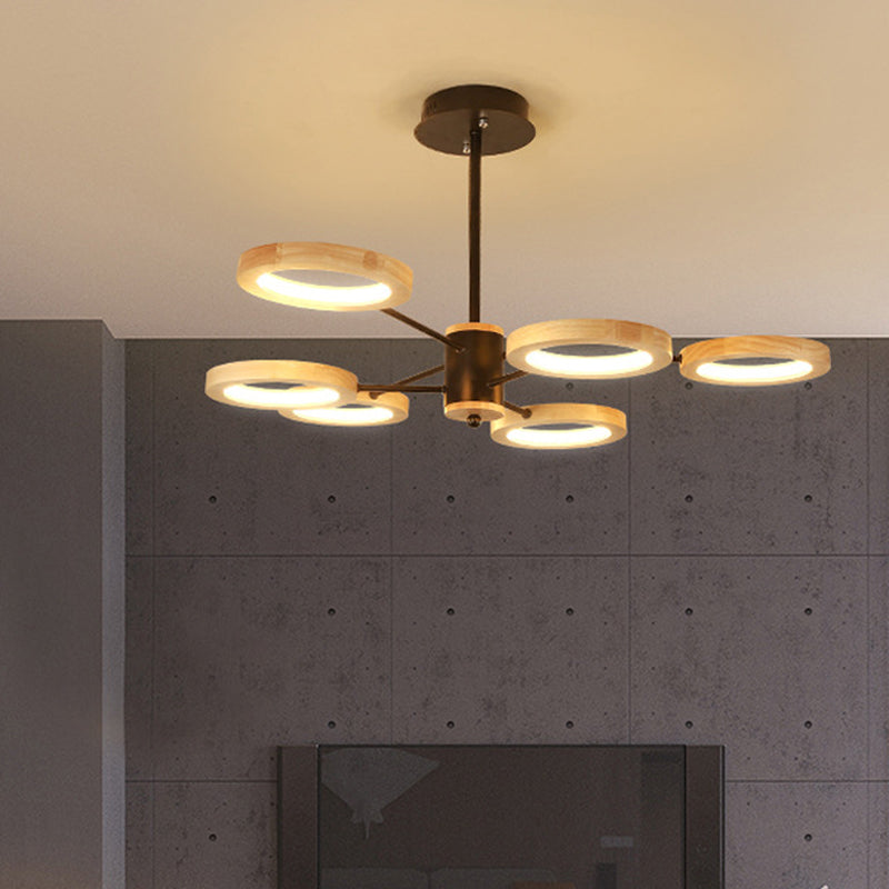 Wood Sputnik Chandelier Pendant Light Modern 3/5/6 Lights Black Led Hanging Ceiling Lamp in Natural Light 6 Wood Clearhalo 'Ceiling Lights' 'Chandeliers' Lighting' options 506453_392c78fb-9e9d-4263-801c-af3fac2066d2