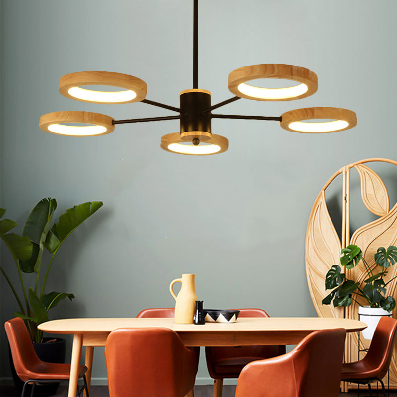 Wood Sputnik Chandelier Pendant Light Modern 3/5/6 Lights Black Led Hanging Ceiling Lamp in Natural Light Clearhalo 'Ceiling Lights' 'Chandeliers' Lighting' options 506457
