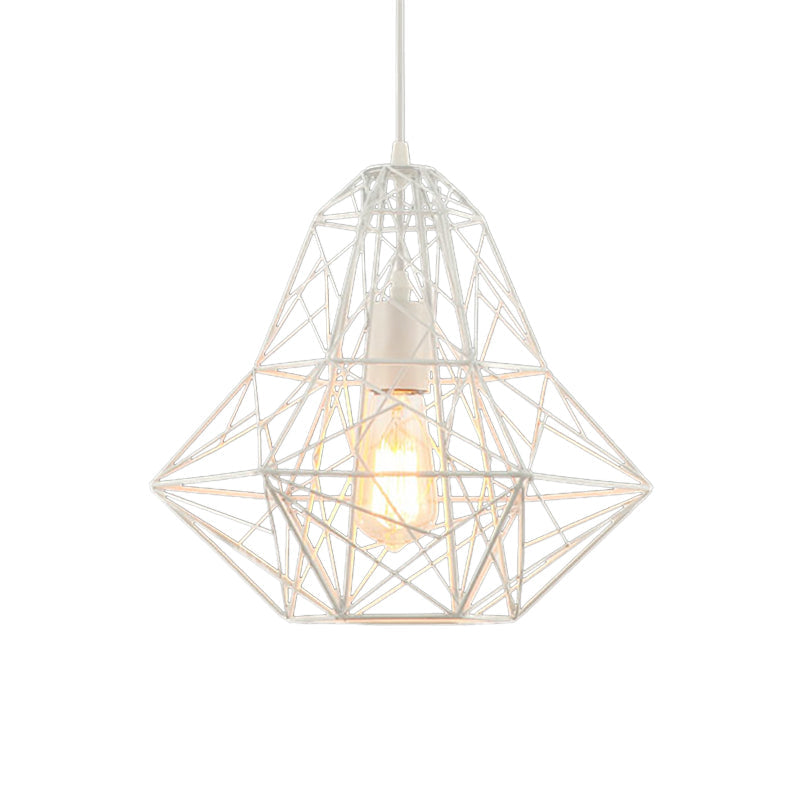 Industrial Cage Diamond Pendant Lighting 1 Head Metallic Hanging Lamp in Black/White for Dining Room, 16"/19.5" Dia Clearhalo 'Art Deco Pendants' 'Black' 'Cast Iron' 'Ceiling Lights' 'Ceramic' 'Crystal' 'Industrial Pendants' 'Industrial' 'Metal' 'Middle Century Pendants' 'Pendant Lights' 'Pendants' 'Rustic Pendants' 'Tiffany' Lighting' 5088