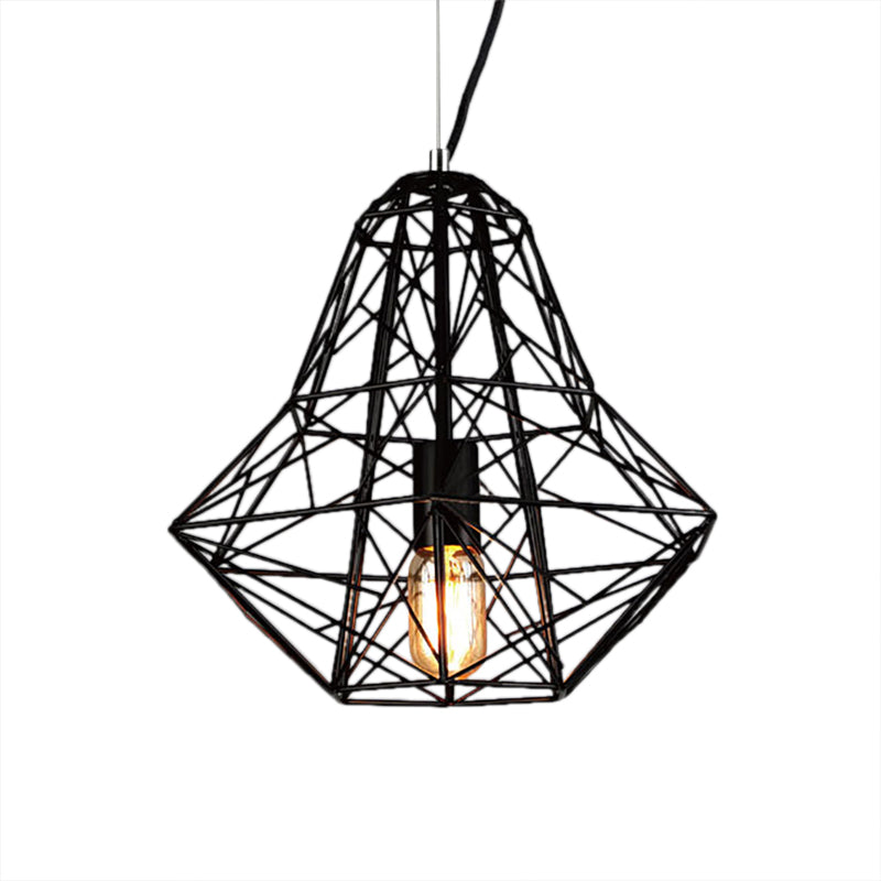 Industrial Cage Diamond Pendant Lighting 1 Head Metallic Hanging Lamp in Black/White for Dining Room, 16"/19.5" Dia Clearhalo 'Art Deco Pendants' 'Black' 'Cast Iron' 'Ceiling Lights' 'Ceramic' 'Crystal' 'Industrial Pendants' 'Industrial' 'Metal' 'Middle Century Pendants' 'Pendant Lights' 'Pendants' 'Rustic Pendants' 'Tiffany' Lighting' 5092