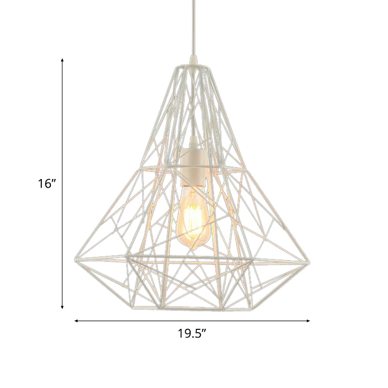 Industrial Cage Diamond Pendant Lighting 1 Head Metallic Hanging Lamp in Black/White for Dining Room, 16"/19.5" Dia Clearhalo 'Art Deco Pendants' 'Black' 'Cast Iron' 'Ceiling Lights' 'Ceramic' 'Crystal' 'Industrial Pendants' 'Industrial' 'Metal' 'Middle Century Pendants' 'Pendant Lights' 'Pendants' 'Rustic Pendants' 'Tiffany' Lighting' 5096