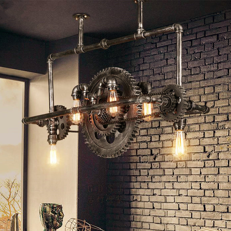 Bike-Like Metallic Hanging Lighting Vintage 6-Light Restaurant Island Lamp Fixture in Black Black Clearhalo 'Ceiling Lights' 'Island Lights' Lighting' 510756