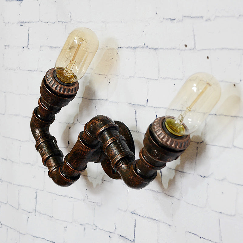 Metallic Curved Arm Sconce Lighting Fixture Industrial 2-Head Hallway Wall-Mounted Lamp in Rust Rust Clearhalo 'Art deco wall lights' 'Cast Iron' 'Glass' 'Industrial wall lights' 'Industrial' 'Middle century wall lights' 'Modern' 'Rustic wall lights' 'Tiffany' 'Traditional wall lights' 'Wall Lamps & Sconces' 'Wall Lights' Lighting' 510821