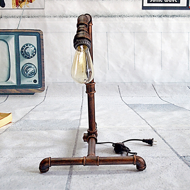 1 Bulb Curved Pipe Table Lamp Farmhouse Rust Finish Metal Night Lighting with Plug In Cord Rust Clearhalo 'Lamps' 'Table Lamps' Lighting' 510903