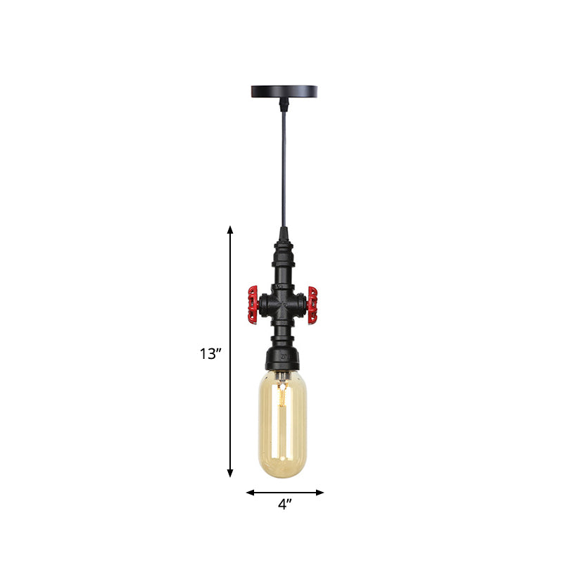 Pipe Metal LED Ceiling Light Antiqued 1 Head 3"/4" W Coffee House Hanging Lamp Kit in Black with Capsule Amber Glass Shade Clearhalo 'Art Deco Pendants' 'Black' 'Cast Iron' 'Ceiling Lights' 'Ceramic' 'Crystal' 'Industrial Pendants' 'Industrial' 'Metal' 'Middle Century Pendants' 'Pendant Lights' 'Pendants' 'Rustic Pendants' 'Tiffany' Lighting' 510940