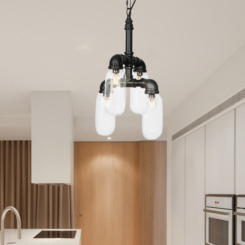 Black Piping Chandelier Lighting Industrial Iron 2/4/5 Bulbs Coffee House Pendant Lamp with Pill Capsule Clear Glass Shade Clearhalo 'Cast Iron' 'Ceiling Lights' 'Chandeliers' 'Industrial Chandeliers' 'Industrial' 'Metal' 'Middle Century Chandeliers' 'Rustic Chandeliers' 'Tiffany' Lighting' 511030