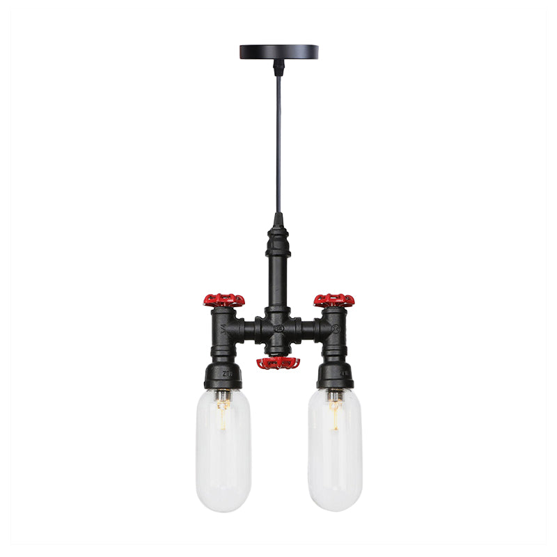 Black Piping Chandelier Lighting Industrial Iron 2/4/5 Bulbs Coffee House Pendant Lamp with Pill Capsule Clear Glass Shade Clearhalo 'Cast Iron' 'Ceiling Lights' 'Chandeliers' 'Industrial Chandeliers' 'Industrial' 'Metal' 'Middle Century Chandeliers' 'Rustic Chandeliers' 'Tiffany' Lighting' 511036
