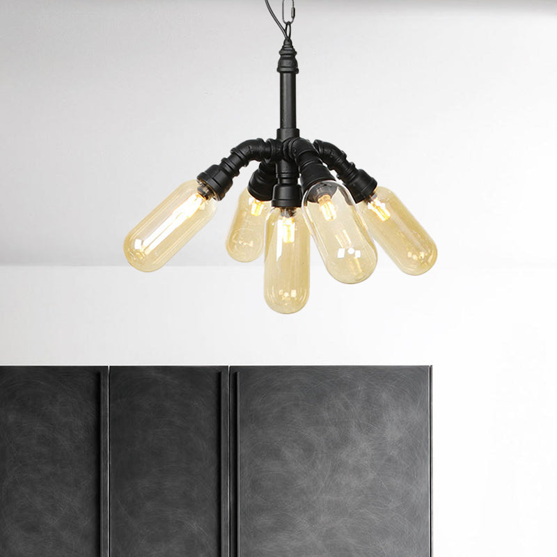 2/3/5 Heads Metal Hanging Light Kit Antiqued Black Finish Sputnik Pipe Bar Chandelier with Capsule Amber Glass Shade Clearhalo 'Cast Iron' 'Ceiling Lights' 'Chandeliers' 'Industrial Chandeliers' 'Industrial' 'Metal' 'Middle Century Chandeliers' 'Rustic Chandeliers' 'Tiffany' Lighting' 511082