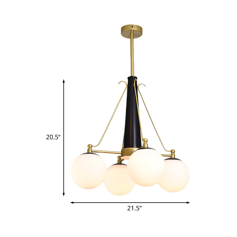 Sphere Frosted White Glass Pendant Modernism 4 Heads Brass and Black Hanging Chandelier Clearhalo 'Ceiling Lights' 'Chandeliers' 'Glass shade' 'Glass' 'Modern Chandeliers' 'Modern' Lighting' 512351