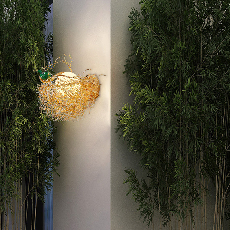 Opal Glass Globe Wall Sconce Light with Bird Nest Design Postmodern 1 Light Gold Wall Lamp, 14"/15" Wide Clearhalo 'Cast Iron' 'Glass' 'Industrial' 'Modern wall lights' 'Modern' 'Tiffany' 'Traditional wall lights' 'Wall Lamps & Sconces' 'Wall Lights' Lighting' 512686