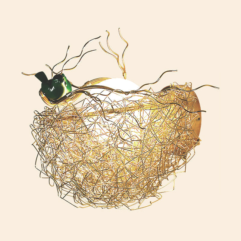 Opal Glass Globe Wall Sconce Light with Bird Nest Design Postmodern 1 Light Gold Wall Lamp, 14"/15" Wide Clearhalo 'Cast Iron' 'Glass' 'Industrial' 'Modern wall lights' 'Modern' 'Tiffany' 'Traditional wall lights' 'Wall Lamps & Sconces' 'Wall Lights' Lighting' 512687