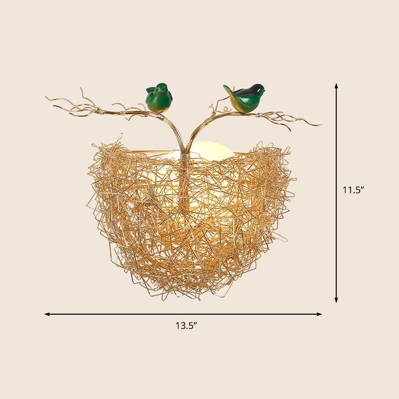 Opal Glass Globe Wall Sconce Light with Bird Nest Design Postmodern 1 Light Gold Wall Lamp, 14"/15" Wide Clearhalo 'Cast Iron' 'Glass' 'Industrial' 'Modern wall lights' 'Modern' 'Tiffany' 'Traditional wall lights' 'Wall Lamps & Sconces' 'Wall Lights' Lighting' 512689