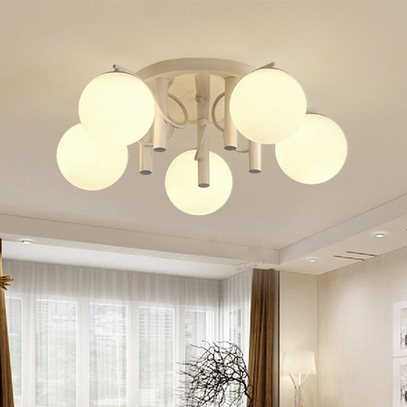 Contemporary 5 Bulbs Flushmount with Cream Glass Shade White/Black Global Semi Flush Ceiling Light Clearhalo 'Ceiling Lights' 'Close To Ceiling Lights' 'Close to ceiling' 'Flush mount' Lighting' 512758