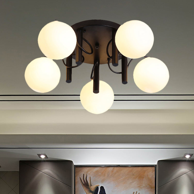 Contemporary 5 Bulbs Flushmount with Cream Glass Shade White/Black Global Semi Flush Ceiling Light Black Clearhalo 'Ceiling Lights' 'Close To Ceiling Lights' 'Close to ceiling' 'Flush mount' Lighting' 512762