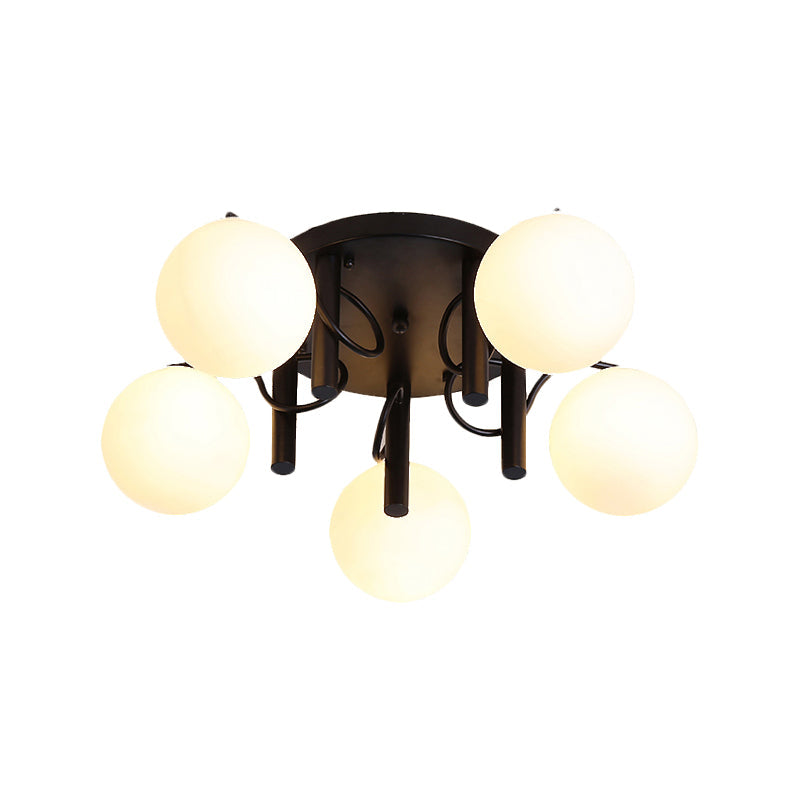 Contemporary 5 Bulbs Flushmount with Cream Glass Shade White/Black Global Semi Flush Ceiling Light Clearhalo 'Ceiling Lights' 'Close To Ceiling Lights' 'Close to ceiling' 'Flush mount' Lighting' 512764