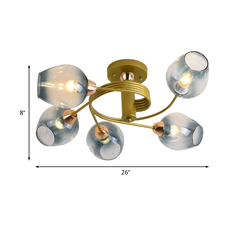 5 Bulbs Bedroom Flush Mount Modernist Gold Twisted Arm Semi Flush Lamp with Cup Gradual Blue Dimpled Glass Shade Clearhalo 'Ceiling Lights' 'Close To Ceiling Lights' 'Close to ceiling' 'Glass shade' 'Glass' 'Pendant Lights' 'Semi-flushmount' Lighting' 512813