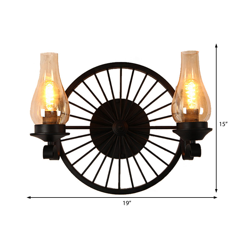 Vase Shade Dining Room Wall Light Fixture Coastal Amber Glass 1/2-Light Black Sconce Lamp with Wheel Clearhalo 'Art deco wall lights' 'Cast Iron' 'Glass' 'Industrial wall lights' 'Industrial' 'Middle century wall lights' 'Modern' 'Rustic wall lights' 'Tiffany' 'Traditional wall lights' 'Wall Lamps & Sconces' 'Wall Lights' Lighting' 513175