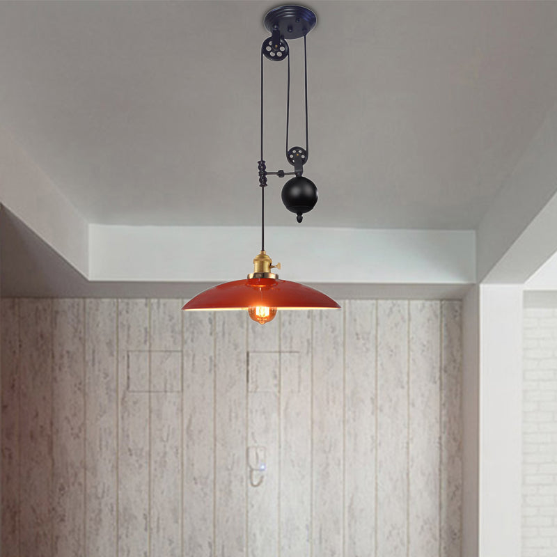 1 Light Hanging Ceiling Light with Dome Metal Shade Industrial Living Room Pendant Lighting in Black/White/Red Red Clearhalo 'Art Deco Pendants' 'Black' 'Cast Iron' 'Ceiling Lights' 'Ceramic' 'Crystal' 'Industrial Pendants' 'Industrial' 'Metal' 'Middle Century Pendants' 'Pendant Lights' 'Pendants' 'Rustic Pendants' 'Tiffany' Lighting' 513346