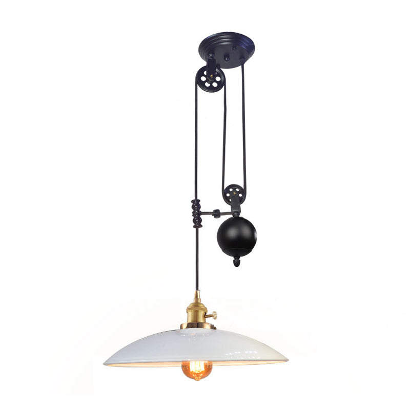 1 Light Hanging Ceiling Light with Dome Metal Shade Industrial Living Room Pendant Lighting in Black/White/Red Clearhalo 'Art Deco Pendants' 'Black' 'Cast Iron' 'Ceiling Lights' 'Ceramic' 'Crystal' 'Industrial Pendants' 'Industrial' 'Metal' 'Middle Century Pendants' 'Pendant Lights' 'Pendants' 'Rustic Pendants' 'Tiffany' Lighting' 513355