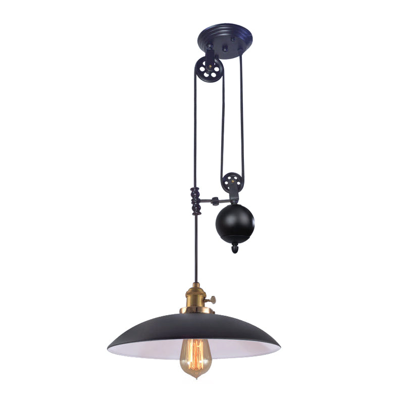 1 Light Hanging Ceiling Light with Dome Metal Shade Industrial Living Room Pendant Lighting in Black/White/Red Clearhalo 'Art Deco Pendants' 'Black' 'Cast Iron' 'Ceiling Lights' 'Ceramic' 'Crystal' 'Industrial Pendants' 'Industrial' 'Metal' 'Middle Century Pendants' 'Pendant Lights' 'Pendants' 'Rustic Pendants' 'Tiffany' Lighting' 513358