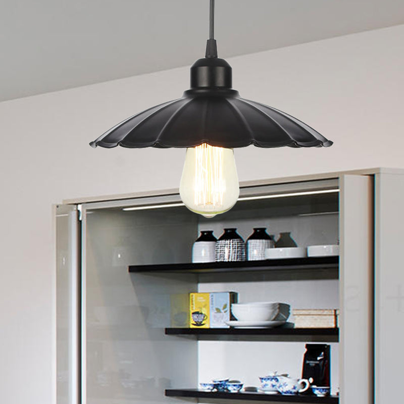 1 Light Indoor Pendant Lighting Farmhouse Black/White Hanging Light Fixture with Cone/Wavy/Wide Flare Metal Shade Black Wavy Clearhalo 'Art Deco Pendants' 'Black' 'Cast Iron' 'Ceiling Lights' 'Ceramic' 'Crystal' 'Industrial Pendants' 'Industrial' 'Metal' 'Middle Century Pendants' 'Pendant Lights' 'Pendants' 'Rustic Pendants' 'Tiffany' Lighting' 513371