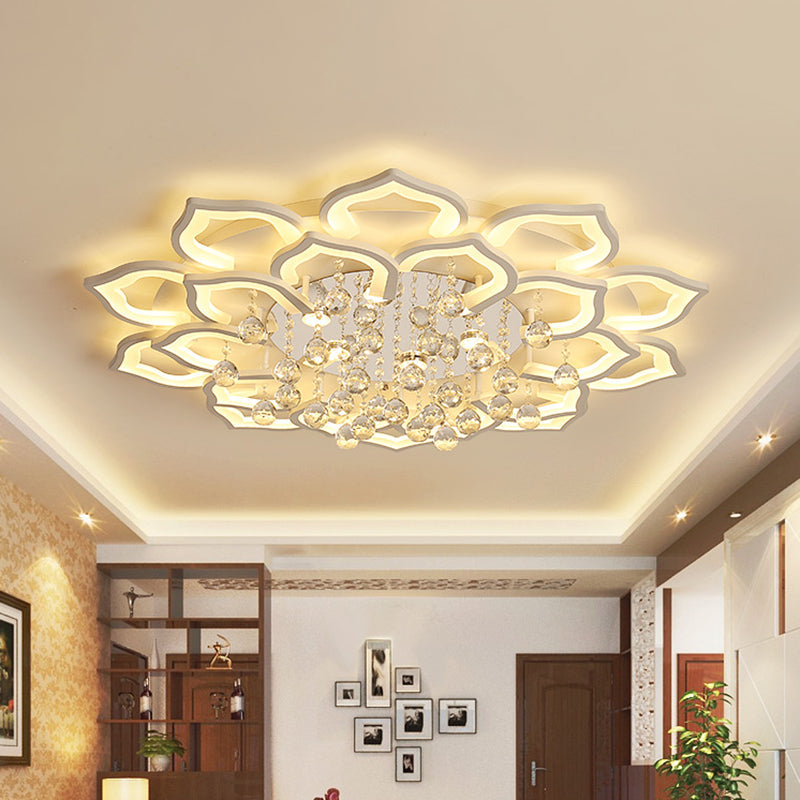 6/16/20 Lights Living Room Ceiling Light White Flush Mount Light Fixture in Warm/White Light with Floral Acrylic Shade and Crystal Drop Clearhalo 'Ceiling Lights' 'Close To Ceiling Lights' 'Close to ceiling' 'Flush mount' Lighting' 513512