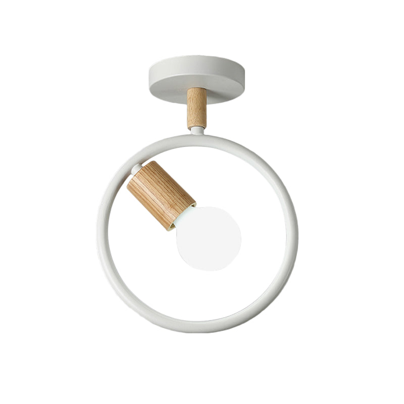 Circle Metal Flushmount Lighting Simple 1 Bulb Grey/Green/White Semi Close to Ceiling Lamp with Tube Wood Arm Clearhalo 'Ceiling Lights' 'Close To Ceiling Lights' 'Close to ceiling' 'Semi-flushmount' Lighting' 518916