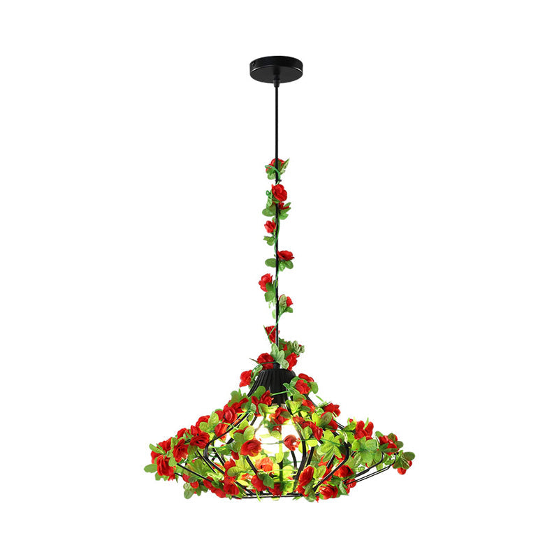 Black/White Cage Hanging Lamp Antique Metal 1 Bulb Restaurant LED Suspension Pendant with Flower Decor Clearhalo 'Art Deco Pendants' 'Black' 'Cast Iron' 'Ceiling Lights' 'Ceramic' 'Crystal' 'Industrial Pendants' 'Industrial' 'Metal' 'Middle Century Pendants' 'Pendant Lights' 'Pendants' 'Rustic Pendants' 'Tiffany' Lighting' 519308