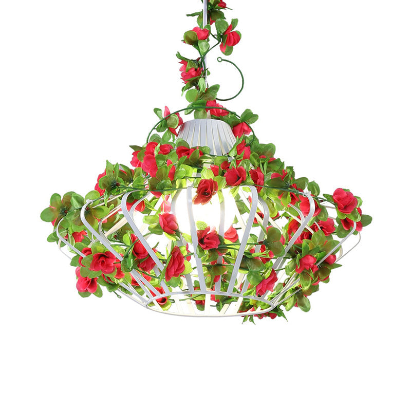 Black/White Cage Hanging Lamp Antique Metal 1 Bulb Restaurant LED Suspension Pendant with Flower Decor Clearhalo 'Art Deco Pendants' 'Black' 'Cast Iron' 'Ceiling Lights' 'Ceramic' 'Crystal' 'Industrial Pendants' 'Industrial' 'Metal' 'Middle Century Pendants' 'Pendant Lights' 'Pendants' 'Rustic Pendants' 'Tiffany' Lighting' 519313